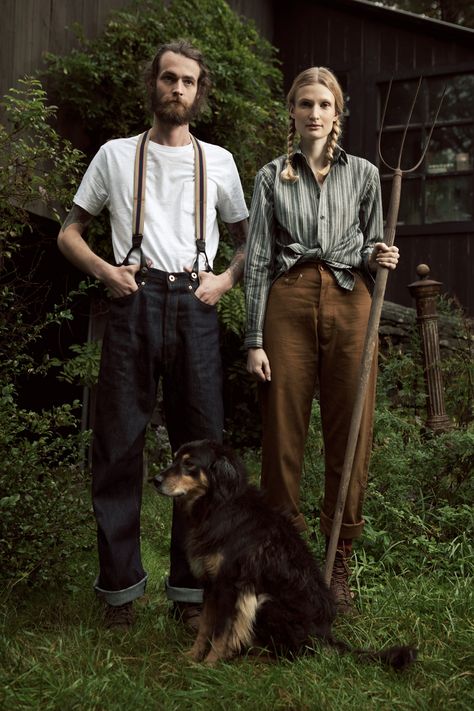 Farmer Aesthetic, Couple Vintage, Cinch Belt, American Gothic, Handmade Clothing, Cool Street Fashion, Denim Trousers, Handmade Clothes, Braces