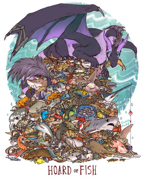 an unusual hoard commission for venrah, featuring their oc and a, a whole bunch of, just an excessive amount of fish Unusual Dragon Hoards, Dragon Hoards, Dragon Hoard, Dragon Comic, Dragon Lover, Creature Drawings, Dragon Pictures, Cute Dragons, Mythical Creatures Art