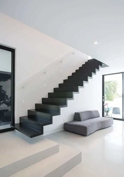 Straight Staircase Ideas, Black And White Foyer, Parts Of A Staircase, Paris Apartment Interiors, Straight Staircase, Black And White Hallway, Staircase Frames, White Foyer, Staircase Design Ideas