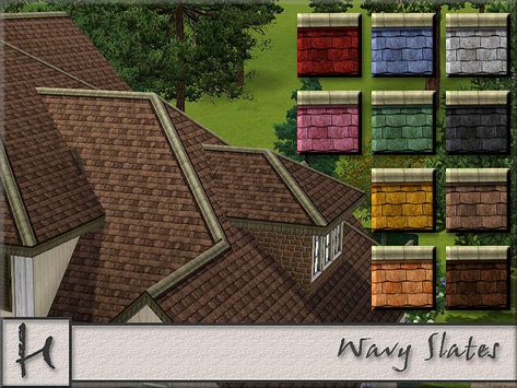 A set of colourful roof slates with cream ridge tiles and custom trim.  Found in TSR Category 'Sims 3 Construction Sets' Sims Roof, Sims 4 Cc Roof Patterns, Sims 4 Roof Cc, Sims 4 Roof, Sims4 Houses, Ridge Tiles, Sims Furniture, Mini People, Sims Medieval