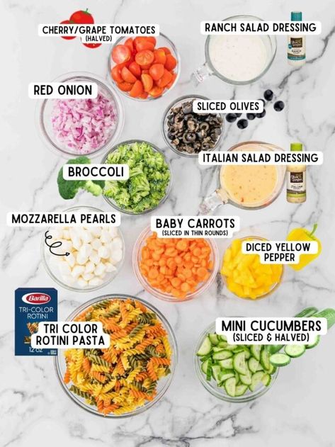 Tri Pasta Salad, Colorful Salads Healthy Food, Tri Color Pasta Salad Italian Dressing, Tri Colored Pasta Recipes, Best Cold Pasta Salad Recipes Summer, Tri Color Rotini Pasta Recipes, Color Pasta Salad, Pasta Salad Ideas, Catering Dishes