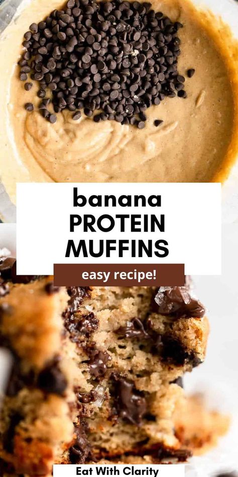 These banana chocolate chip protein muffins are the perfect mid day or post workout snack! They're gluten free, made with almond flour and oat flour and high in protein. These banana muffins can be made with chocolate chip, blueberry or walnuts. Banana Choc Chip Protein Muffins, Paleo Protein Banana Muffins, Low Calorie High Protein Banana Muffins, Banana Chickpea Muffins, High Protein Peanut Butter Muffins, Macro Friendly Muffin Recipes, Healthy High Protein Banana Bread, Banana Oat Protein Muffins, Coconut Flour Protein Muffins