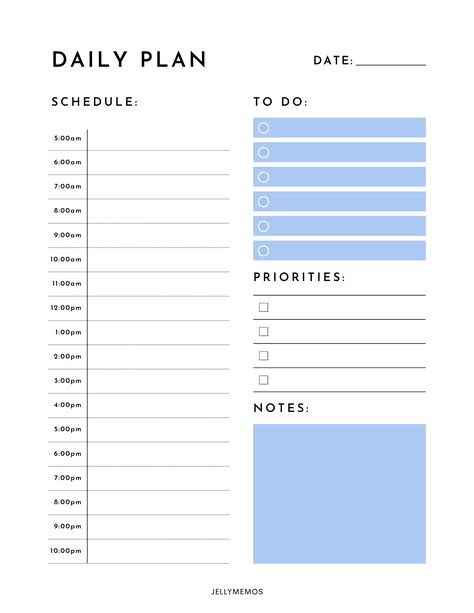 Daily planner page that has a 5am to 10pm schedule on the left side and areas for to do list, priorities, notes on the right side. to do list and notes areas are highlighted in blue. Printable Daily Planner Pages, Routines For Kids, Daily Planner Templates, Daily Schedule Printable, Daily Planner Printables Free, Weekly Planner Free Printable, Daily Routine Planner, Hourly Schedule, Daily Schedule Template