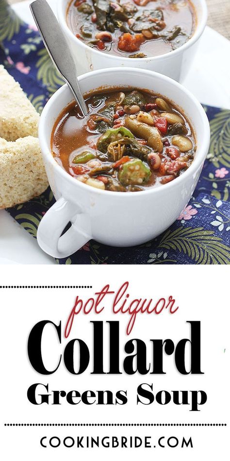 Pot liquor, the flavorful liquid leftover after cooking down a pot of greens, is the base of this hearty collard greens soup. It's also chock full of tender beans and veggies. #souprecipes Collard Greens Soup, Pot Liquor, Collard Green Soup, Greens Soup, Collard Greens Recipe, Collard Green, Hearty Vegetable Soup, Green Soup, Soup And Stew