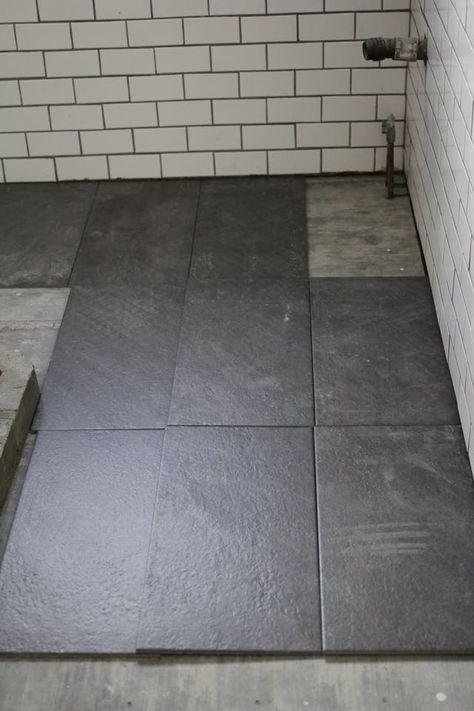 For my bathroom renovation, I finally decided on large slate tiles for the bathroom floor Slate Bathroom Floor, Dark Tile Floors, Slate Bathroom, Black Tile Bathrooms, Slate Tile Floor, Small Bathroom Tiles, Custom Tile Shower, Black Floor Tiles, Grey Floor