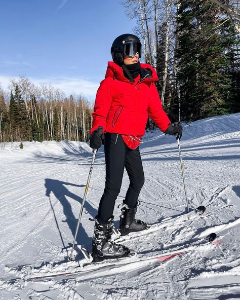 Red Ski Outfit, Ski Jacket Outfit, Red Ski Jacket, Ski Trip Outfit, Red Puffer Coat, A Family Of Four, Ski Town, Red Puffer, Ski Coat