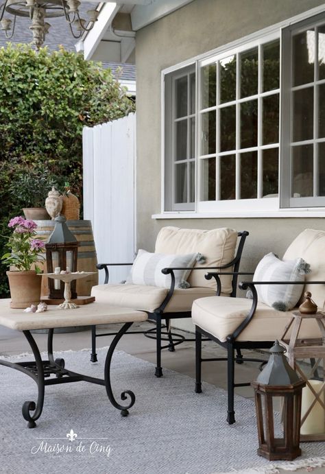 Outdoor Patio Refresh: New Outdoor Rug & Pillows Patio Refresh, Summer Outdoor Decor, Rustic Porch, Outdoor Rugs Patio, Country Style Decor, Outdoor Decor Backyard, Glass Cabinet Doors, Outdoor Patio Decor, Outdoor Chaise Lounge