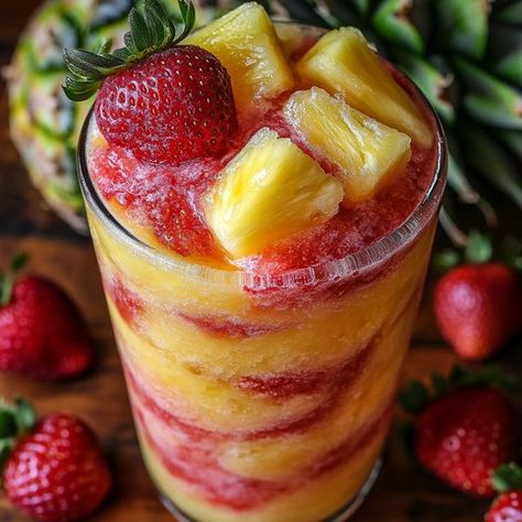 Ina Garten Officiel 🍜 | Pineapple Strawberry Swirled Slushies 🍍🍓 | Facebook Pineapple Slush, Pineapple Chunks, Pineapple Strawberry, Frozen Pineapple, Slushies, Pineapple Juice, 2 Cups, 1 Cup, Swirl