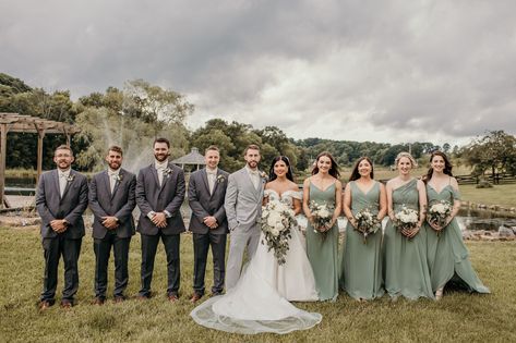 Bridal Party Sage Green, Sage Green Bridal Party, Groomsmen Attire Grey, Green Bridal Party, Gray Wedding Party, Sage Wedding Colors, Grey Wedding Theme, Wedding Party Groomsmen, Bridal Party Groomsmen