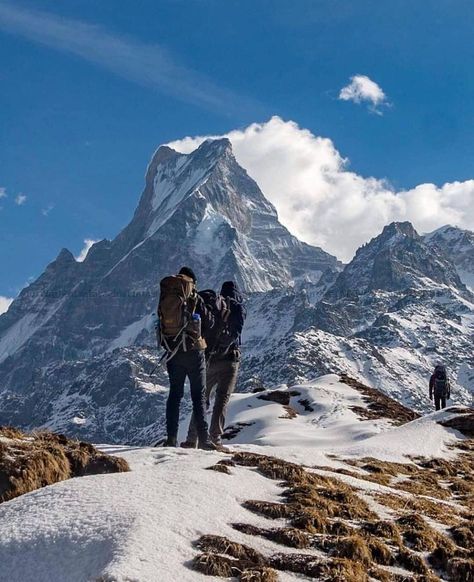 Two trekkers walking towards Machhapuchhre mountain in Nepal during Mardi Hike. Mardi Himal, Mountain Painting Acrylic, Forest Camp, Camping Aesthetic, Nepal Travel, Landscape Landscape, Countries To Visit, April May, Nature Adventure