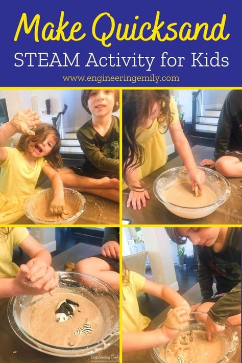 Make Quicksand | STEAM Activity for Kids - Engineering Emily Quicksand Science Experiment, Rescuing Animals, Newtonian Fluid, Kids Stem Activities, Prek Activities, Stem Camp, Stem Activities Preschool, Summer Stem, Steam Activity