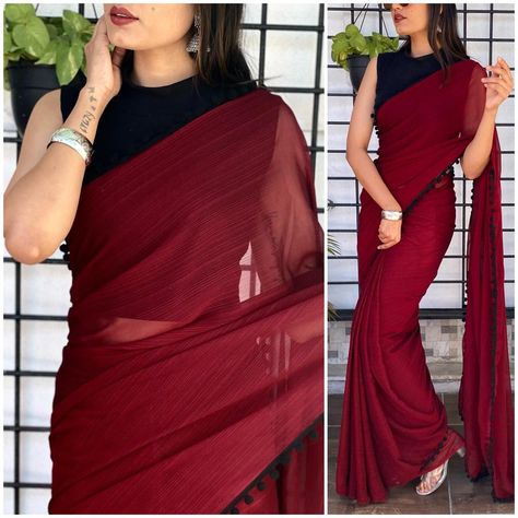 *Looking for something stylish for your wardrobe* *Then just grab this stylish Georgette saree* *DESIGN-🖤ELINA 🖤* *FABRIC* *SAREE-Black Georgette* *BLOUSE- Banglori Satin* *SIZE* *SAREE. -5.50* *BLOUSE- 0.80* *PATTERN* *SAREE-Negative print with pompom lace* *BLOUSE-plan* S⁵⁸ *RATE:- 850+$/-* Plan Saree Blouse Designs, Black And Red Saree Look, Western Look Saree, Georgette Saree For Wedding, Red Saree Black Blouse, Red Saree With Black Blouse, Black And Red Saree, Red Georgette Saree, Black Saree Blouse