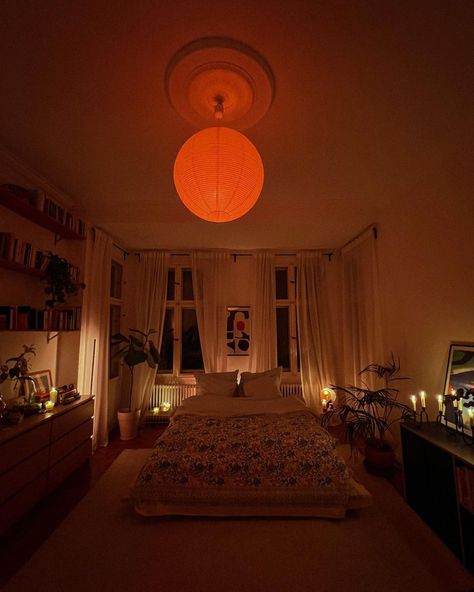 @goodeyesthetics · · · · · · · · · · #interiordesign #architecture #apartmentinterior #apartmenttherapy #apartmentdecor #livingroomdecor… | Instagram Orange Theme Bedroom, Fan Over Bed, Light Over Bed, Cozy Corner Bed, Warm Lighting Bedroom, Warm Room Aesthetic, Alternative Bedroom, Interior Magazine, Decoration For Party