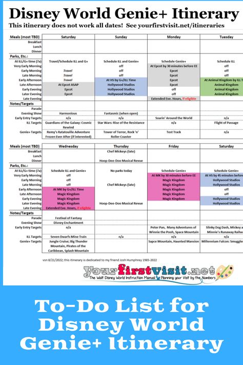 Disney World Planning: These itineraries are based on your arrival date at Disney World and incorporate Genie+ into the plan Wdw Planning Printables, Disney World Trip Planning Checklist, Disney World Planning Spreadsheet, Genie Plus Disney World 2023, Disney World Genie Plus Cheat Sheet, Disney World Itinerary 2023, Walt Disney World Planning, Disney World Rides List 2023 Printable, Disney World 2024 Planning