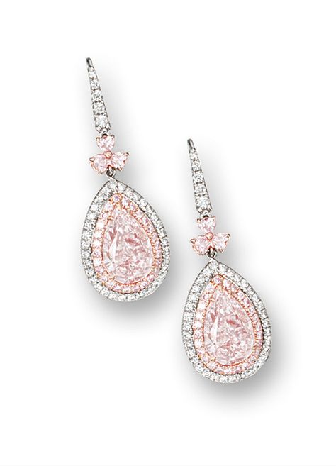 PAIR OF FANCY LIGHT PINK DIAMOND, PINK DIAMOND AND DIAMOND PENDENT EARRINGS.  Each suspending on a pear-shaped fancy light pink diamond weighing 2.74 and 2.96 carats respectively, surrounded by brilliant-cut pink diamonds, to an outer surround set with br Pink Diamond Earrings, Fancy Light, Diamond Pendent, Fabulous Jewelry, I Love Jewelry, Lady Diana, Gems Jewelry, Gorgeous Jewelry, Stunning Jewellery