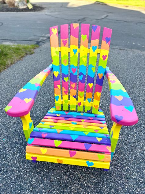 Hand painted rainbow adirondack chair, Lisa Frank 90s Y2K vibes Lisa Frank Inspired Furniture, Lisa Frank Inspired Art, Lisa Frank Bedroom Ideas, Lisa Frank Painting, Lisa Frank Room, Lisa Frank Bedroom, Girly Furniture, Lisa Frank Art, Lisa Frank Aesthetic