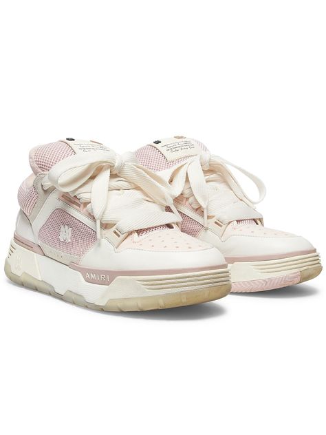 Amiri's MA-1 leather low-top sneakers feature contrast mesh panels, star-shaped perforated details, and an embedded logo on the side. Round toe Lace-up style Leather upper Rubber sole Imported Shoes Girl, Hightop Sneakers, Pink Men, Pink Sneakers, Brown Sneakers, Teal And Pink, Cute Sweaters, Leather Flats, Star Shape