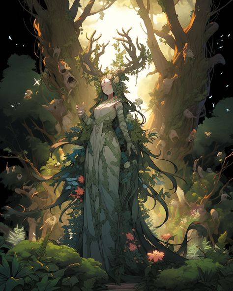 Plant Woman Character Design, God Of Nature Art, Goddess Of Nature Aesthetic, Mother Nature Fanart, Dryad Concept Art, God Of Nature Fantasy Art, Nature God Character Design, Mother Nature Character Design, Nature Goddess Drawing