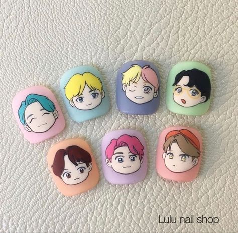 Chibi Nail Art, Bt21 Nail Art, Nail Chibi, Bt21 Nails, Nail Bts, Bts Nail Art, Bts Nails, Army Nails, Idol Nails