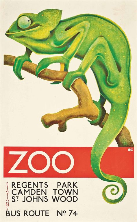 ZOO - Regent's Park, Camden Town, St. John's Wood - CHAMELEON by Oleg Zinger (1910-1997) London Bus Zoo Poster, Zoo Art, Posters Uk, London Transport Museum, London Travel Poster, Transportation Poster, Bus Route, International Airlines, Old Posters