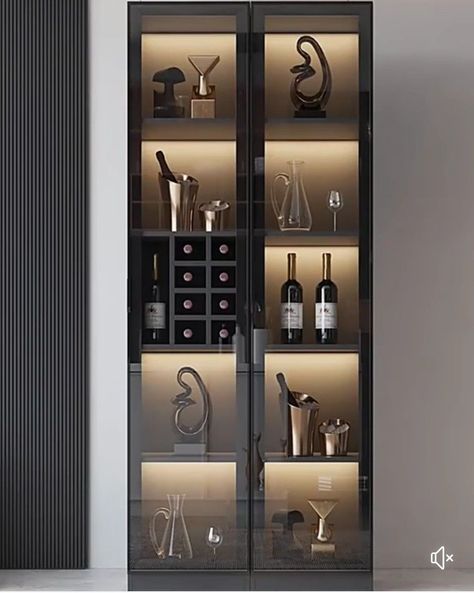 Wine Living Room Ideas, Wine Shelves Ideas, Dinning Room Shelving Ideas, Bar Ideas For Office, Small Wine Room, Bar Unit In Living Room, Modern Wine Bar, Wine Glass Cabinet, Modern Bar Cabinets