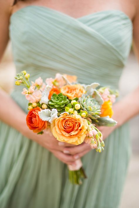 Sage Green Wedding Dress, Orange Bridesmaid, Orange Bouquets, Green Wedding Dresses, Orange Bridesmaid Dresses, Sage Green Bridesmaid Dress, Succulent Bouquet, Wedding Bouquets Pink, Botanical Gardens Wedding