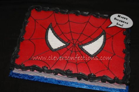 Spiderman Face - 12x18 sheet cake, all buttercream. Spiderman Birthday Cake, Superhero Birthday Cake, Man Cake, Birthday Sheet Cakes, Spiderman Birthday Party, Happy 6th Birthday, Superhero Cake, Spiderman Party, Spiderman Cake