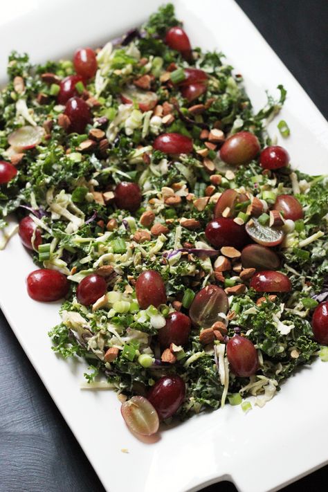 Celebrate the season with a festive Kale Salad with Red Grapes, Almonds, and Scallions. It's quick and easy to pull together. Salad Meal Prep, Grape Salad, Turkey Dinner, Red Grapes, Cheap Eats, Kale Salad, Salad Dressing Recipes, How To Cook Quinoa, Vegetable Salad