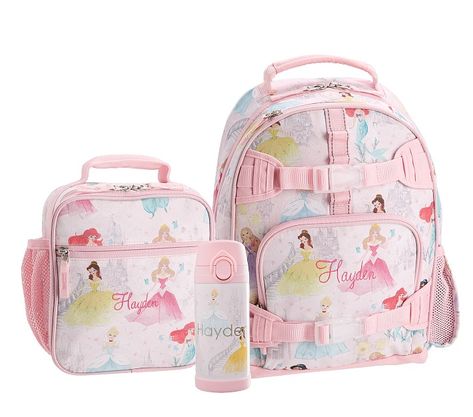 Disney Princess Castle Shimmer Bundle, Small Backpack, Classic Lunch Box, & 12oz Water Bottle | Pottery Barn Kids Disney Princess Castle, Princess Backpack, Disney Princess Characters, Princess Castle, Small Notebook, Insulated Lunch Box, Cold Pack, Backpacking Packing, Pink Backpack