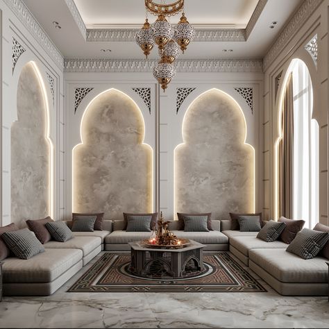 Interior Design Living Room Traditional, Bookshop Design, Modern Islamic Interior, Modern Arabic Interior, Arabic Living Room, Arabic Interior Design, Cladding Texture, Islamic Interior Design, Egyptian Home Decor