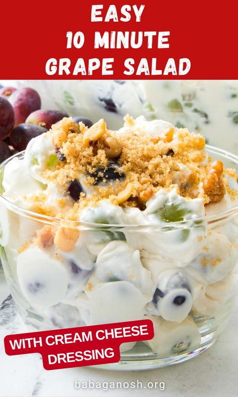 This Grape Salad with Cream Cheese Dressing can be made ahead and is a great budget-friendly summer dessert or potluck dessert idea. You'll love how the juicy grapes pair with the creamy cream cheese dressing. This dessert is gluten-free and a great way to eat more fruits this summer. Grape Salad With Cream Cheese, Whipped Cream Fruit Salad, Cream Cheese Dressing, Potluck Dessert, Eat More Fruit, Dressing For Fruit Salad, Pineapple Salad, Coleslaw Dressing, Potluck Desserts