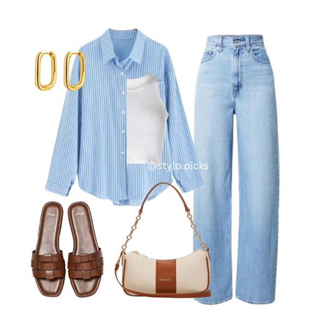 Light Blue Striped Shirt Outfit, Light Blue Shirt Outfit, Clothes Moodboard, Blue Striped Shirt Outfit, Blue Striped Shirt, Beige Bag, Denim Chic, Brown And Beige, Brown Flats