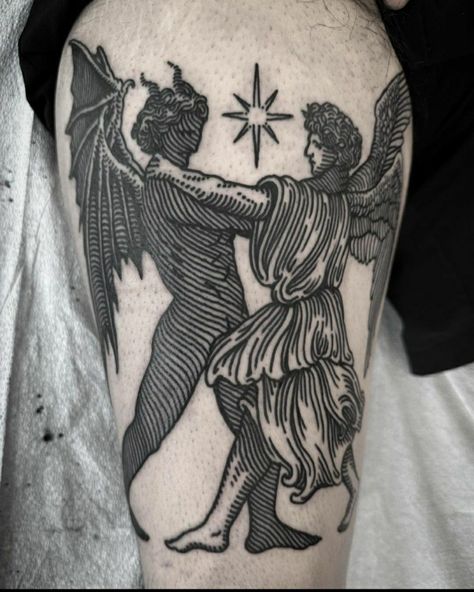 Magick Tattoo Ideas, Elbow Framing Tattoo, Woodcut Crow Tattoo, Medieval Forearm Tattoo, Dante’s Inferno Tattoo, Narco Tattoos, Wood Carving Tattoo, Wood Block Tattoo, Knee Framing Tattoo