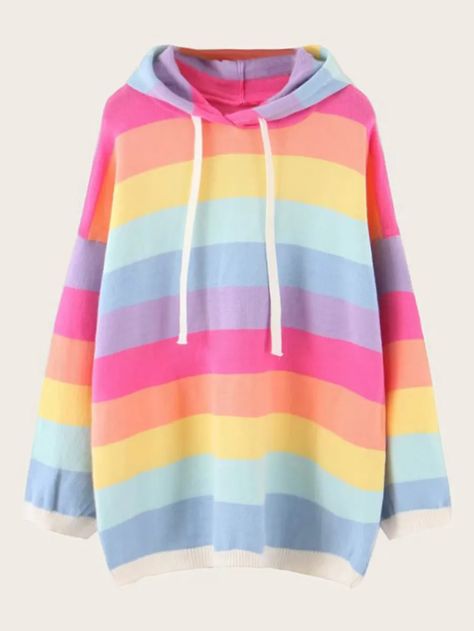 Rainbow Striped Drawstring Hooded Sweater | SHEIN USA Silly Clothes, Hooded Jumper, Rainbow Sweater, Women Sweaters, Stripe Skirt, Casual Sweaters, Hooded Sweater, Rainbow Stripes, Sleeves Pattern