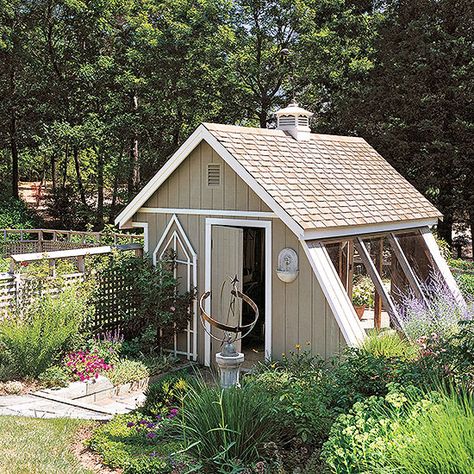 Glass panels prove a boon when it comes time to nurture seedlings and cool-season transplants. Details such as a cupola make this pretty garden shed a welcome addition to a range of garden styles and landscapes. Small Shed, Greenhouse Shed, Home Greenhouse, Shed Plan, Greenhouse Plans, Garden Tool Storage, Backyard Sheds, Backyard Shed, Greenhouse Gardening