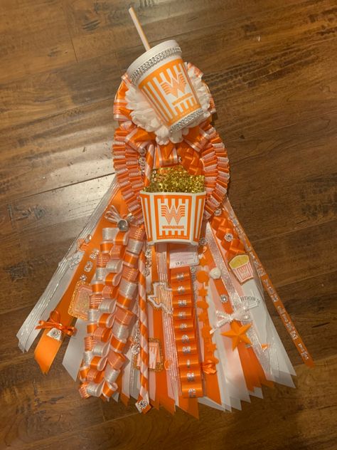 Homecoming, whataburger, Mum, garter Whataburger Decorations, Whataburger Mums Homecoming, Whataburger Homecoming Mum, Homecoming Mums Sophomore, Senior Year Mums, Whataburger Mum, Gold Mums Homecoming, Senior Mums Homecoming, Pink Mum