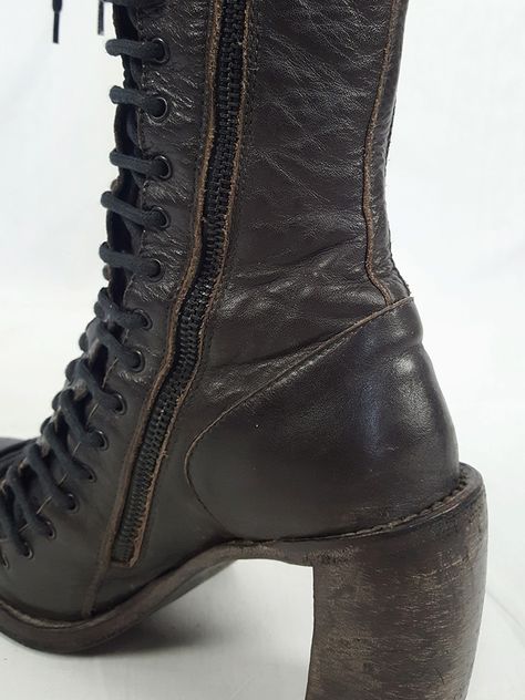 Ann Demeulemeester brown triple lace boots — fall 2008 (39) | V A N II T A S Ann Demeulemeester, Curated Vintage, Boots Fall, Vintage Designer, Lace Boots, Put On, Vintage Designs, Combat Boots, Second Hand