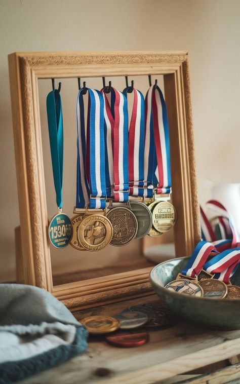 A DIY medal display project featuring a homemade frame and hooks to showcase race medals. Ways To Display Medals, Diy Medal Display, Medal Display Ideas, Diy Medal, Display Medals, Hanging Medals, Race Medal Displays, Medal Collection, Race Medals