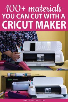 Curious what materials the Cricut Maker cuts? You'll be amazed at this list! I'm sharing all about the Cricut Maker (a crafter's dream tool) along with a giant list of the 100+ vinyls, fabrics, woods, leathers, papers, stickers and more that it can cut. You'll want to pin this post to reference later! #ad #cricut #cricutmade #cricutmaker Cricut Blades, Crafts Cricut, Cricut Help, Cricut Supplies, Crafts For Teens To Make, Maker Project, Cricut Projects Beginner, Circuit Projects, Cricut Craft Room