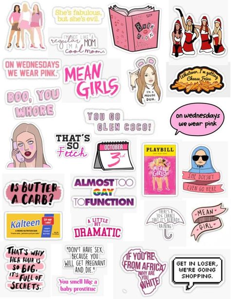 Means girls sticker pack overlays editing the movie mean girls mean girls on broadway Karen, Regina, Gretchen, Cady, best quotes from mean girls, mean girls quotes, pink, burn book, on wednesdays we wear pink, Damien, mean girls the musical, fetch Mean Girls Stickers, Wallpaper Film, Movies Wallpaper, Girls Stickers, Mean Girl Quotes, Iphone Stickers, Wallpaper Disney, Iphone Case Stickers, Tumblr Stickers