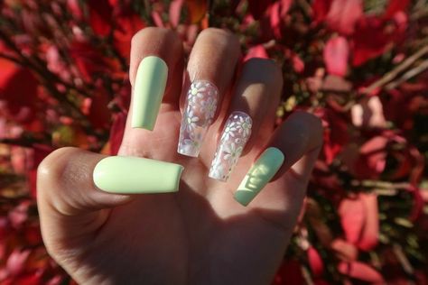 Flower Press On Nails, Hollywood Nails, Sunflower Nails, Super Cute Nails, Flower Press, Nail Pictures, Dream Aesthetic, White Nail Polish, Acrylic Nails Coffin Short