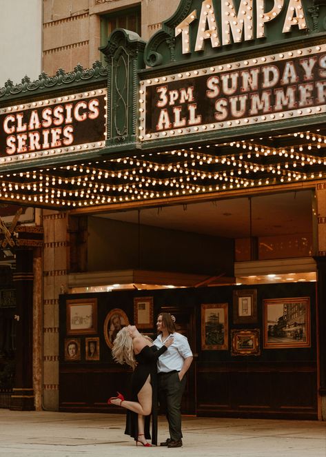 Hollywood Engagement Photos, Old Hollywood Engagement Photos, Tampa Theatre, Engagement Party Planning, City Engagement Photos, City Photos, City Engagement, Bud Light, Documentary Wedding