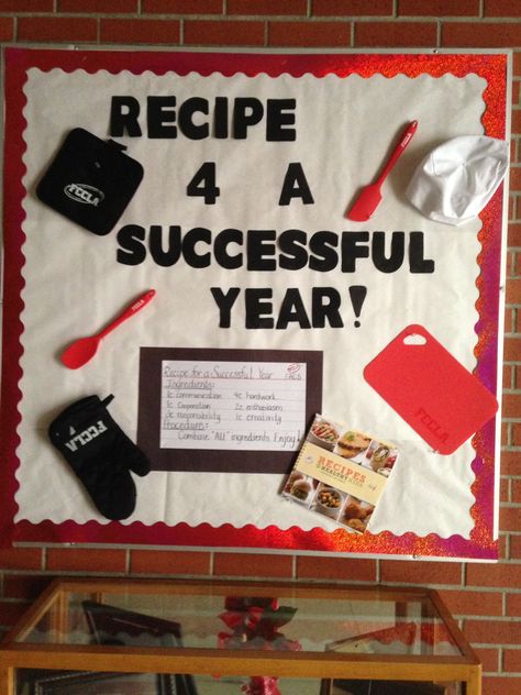 School Cafeteria Decorations Ideas, Fccla Bulletin Boards, Kitchen Bulletin Boards, School Cafeteria Decorations, Cafeteria Bulletin Boards, Ra Programs, Cafeteria Decor, Fcs Classroom, Bakery Theme