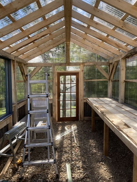 She Shed Greenhouse, Greenhouse Interior, Timber Frame Joinery, Diy Greenhouse Plans, Gardening Equipment, Hot House, Floor Shelf, Backyard Greenhouse, Greenhouse Plans