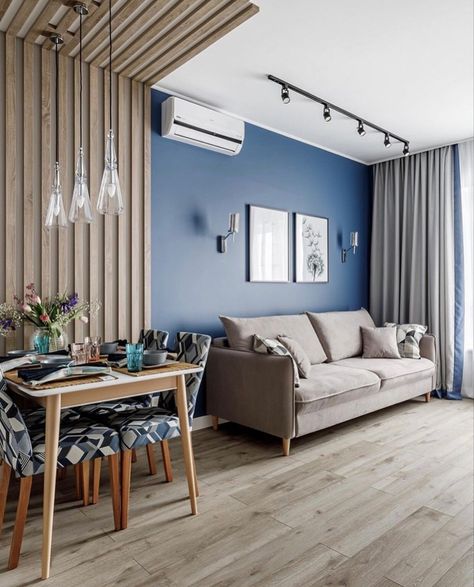 Wooden Walls Living Room, Fluted Panel, Living Room Wall Color, Home Hall Design, Dining Room Combo, Hallway Ideas, Blue Walls, Home Room Design, Living Room Inspiration