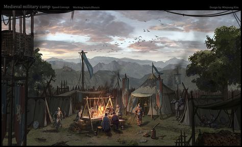 Medieval military camp, Minjeong Kim on ArtStation at https://www.artstation.com/artwork/A9oBzo Camp Drawing, Battle Camp, Military Camp, Painting School, Camping Set Up, Camping Aesthetic, Medieval World, Game Of Thrones Art, Game Background