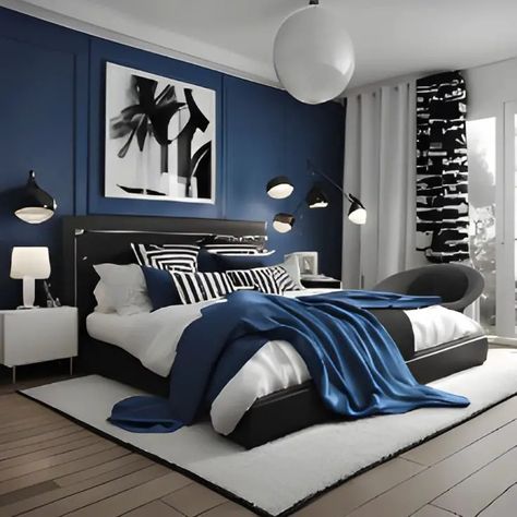 Navy Bedrooms, Dark Blue Bedrooms, Blue Bedroom Walls, Navy Blue Bedrooms, Blue Bedroom Design, Bilik Idaman, Blue Bedroom Decor, Gray Bedroom, Blue Rooms