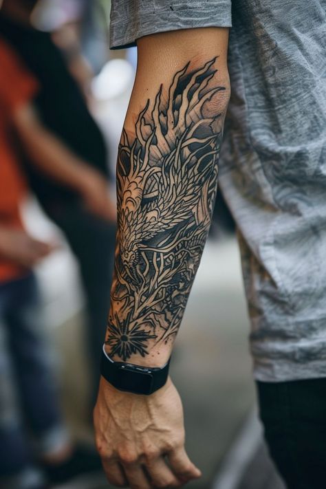 Explore the best meaningful forearm tattoo ideas for men with designs that carry deep significance. Mens Forearm Wrap Around Tattoo, Tattoo Ideas For Men Sleeve Meaningful, Right Forearm Tattoo Men, Badass Tattoos Men, Men’s Forearm Sleeve, Forearm Sleeve Men, Forearm Tattoos Men Unique, Men Sleeve Tattoo Ideas Unique, Outer Forearm Tattoo Men Unique