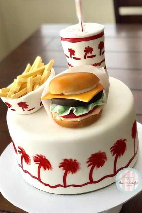 In n out cheeseburger cake. Fondant hamburger cake. Cheeseburger Cake, Hamburger Cake, Burger Cake, Burger Party, In N Out Burger, Birthday Freebies, In N Out, Cake Fondant, The Midnight