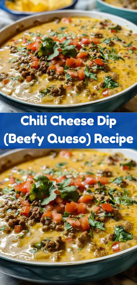 Beefy Queso Dip: Easy chili cheese dip recipe, perfect for parties. Beefy Queso, Easy Chili Cheese Dip, Chili Con Queso Recipe, Queso Dip Easy, Chili Con Queso Dip, Chili Queso Dip, Queso Dip Crockpot, Chili Dip Recipes, Chili Cheese Dip Recipes